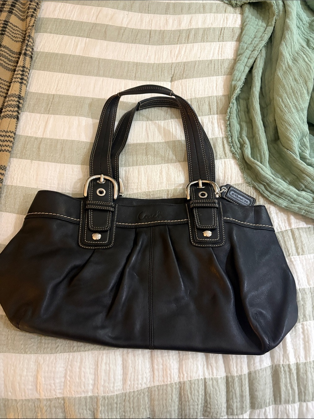 Coach Black Leather Bucket-Style Shoulder Bag with White Stitching